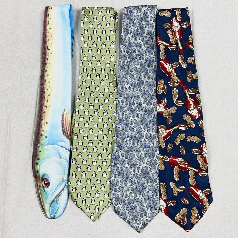 Set of Novelty Ties Tabasco Fish Beetles Penguins